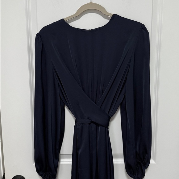 Long Sleeve Satin Dress Tie Back Casual floawy Midi Dark Blue dress size Large - Picture 3 of 6